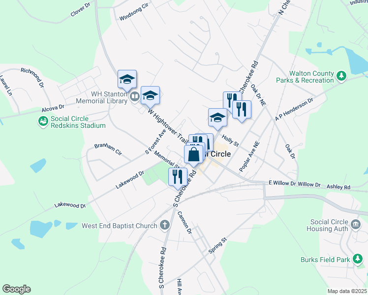 map of restaurants, bars, coffee shops, grocery stores, and more near 181 West Hightower Trail in Social Circle