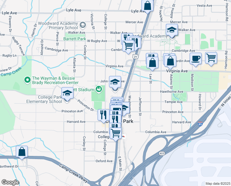 map of restaurants, bars, coffee shops, grocery stores, and more near 3605 Main Street in Atlanta