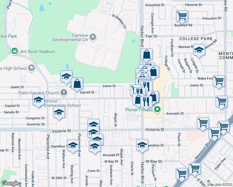 map of restaurants, bars, coffee shops, grocery stores, and more near 2268 Maple Street in Costa Mesa