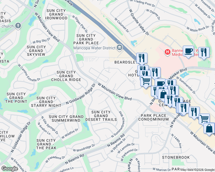 map of restaurants, bars, coffee shops, grocery stores, and more near 14950 West Mountain View Boulevard in Surprise