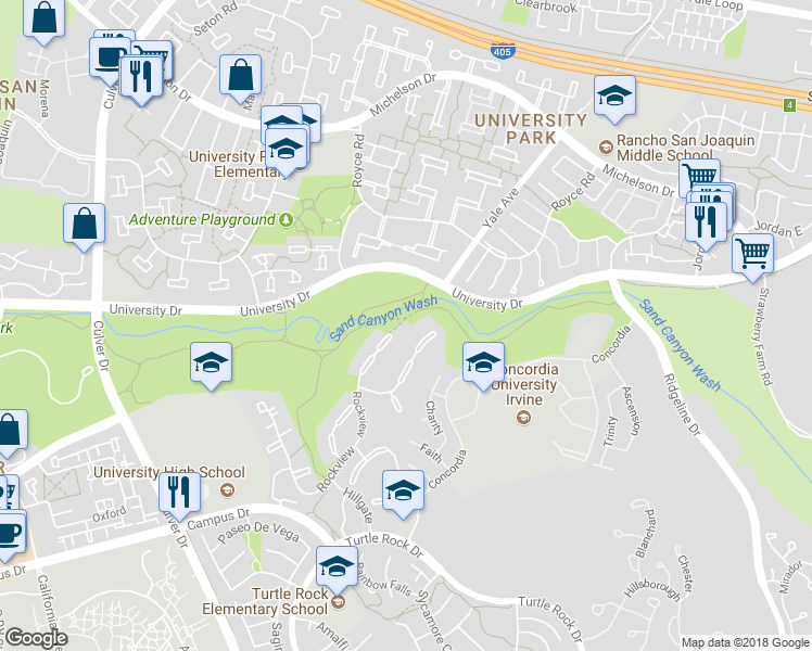 map of restaurants, bars, coffee shops, grocery stores, and more near 36 Rustling Wind in Irvine