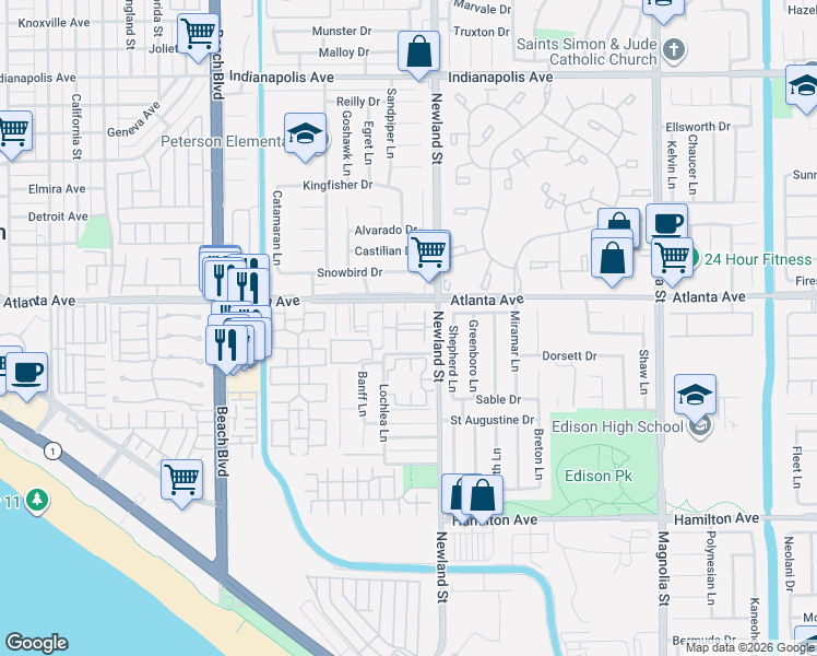 map of restaurants, bars, coffee shops, grocery stores, and more near 8450 Atlanta Avenue in Huntington Beach