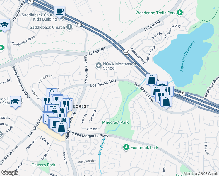 map of restaurants, bars, coffee shops, grocery stores, and more near 21051 Ponderosa in Mission Viejo