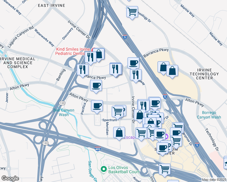 map of restaurants, bars, coffee shops, grocery stores, and more near 7725 Gateway in Irvine