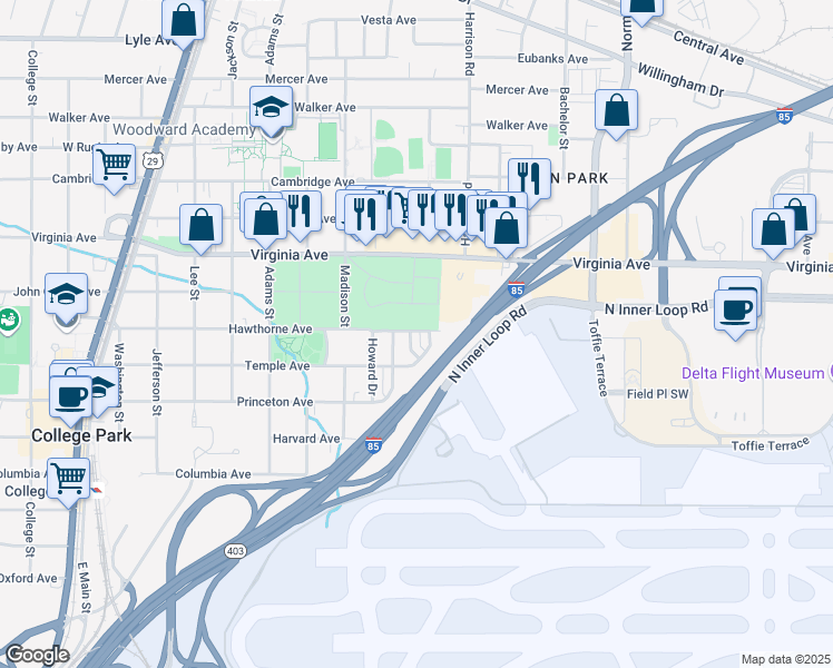 map of restaurants, bars, coffee shops, grocery stores, and more near 3615 Hawthorne Terrace in Atlanta