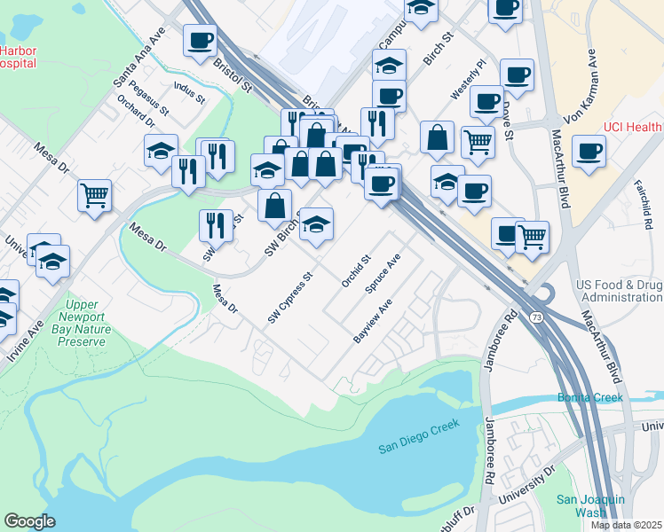 map of restaurants, bars, coffee shops, grocery stores, and more near 2281 Orchard Drive in Newport Beach
