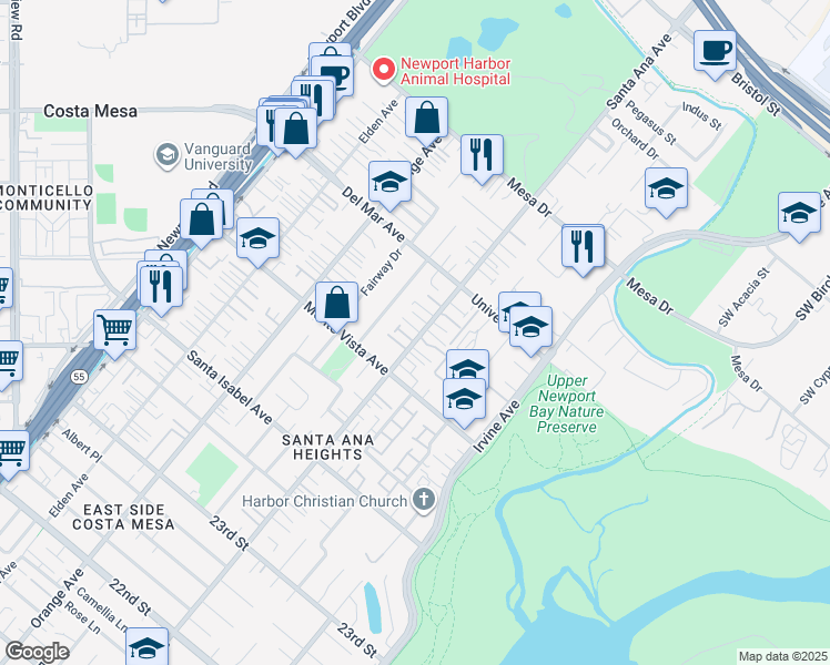 map of restaurants, bars, coffee shops, grocery stores, and more near 2545 Santa Ana Avenue in Costa Mesa