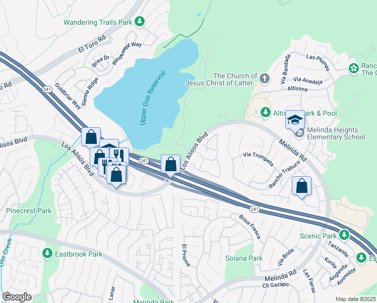 map of restaurants, bars, coffee shops, grocery stores, and more near 21131 Los Alisos Boulevard in Rancho Santa Margarita