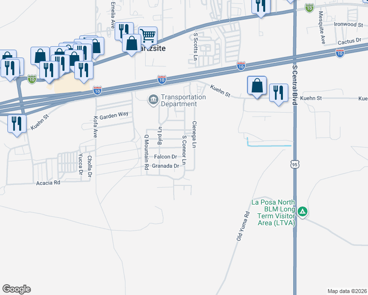 map of restaurants, bars, coffee shops, grocery stores, and more near 592 Emerald Drive in Quartzsite