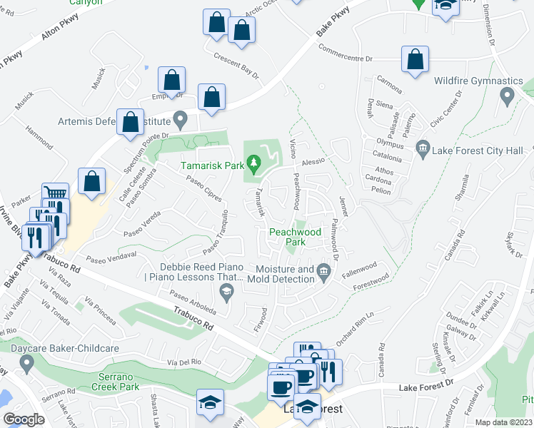 map of restaurants, bars, coffee shops, grocery stores, and more near 21093 Calle De Paseo in Lake Forest