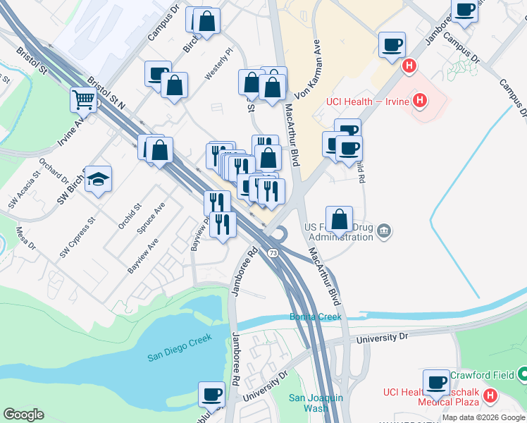map of restaurants, bars, coffee shops, grocery stores, and more near 3601 Jamboree Road in Newport Beach