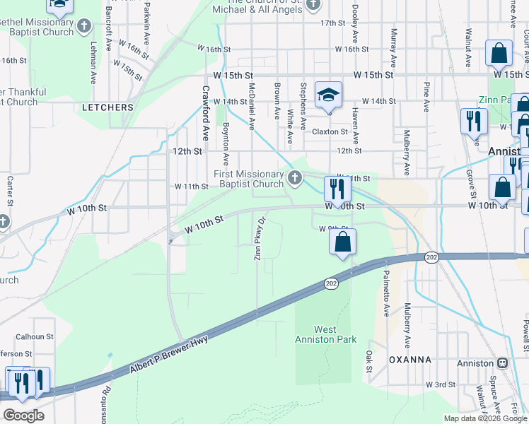 map of restaurants, bars, coffee shops, grocery stores, and more near 1206 West 10th Street in Anniston