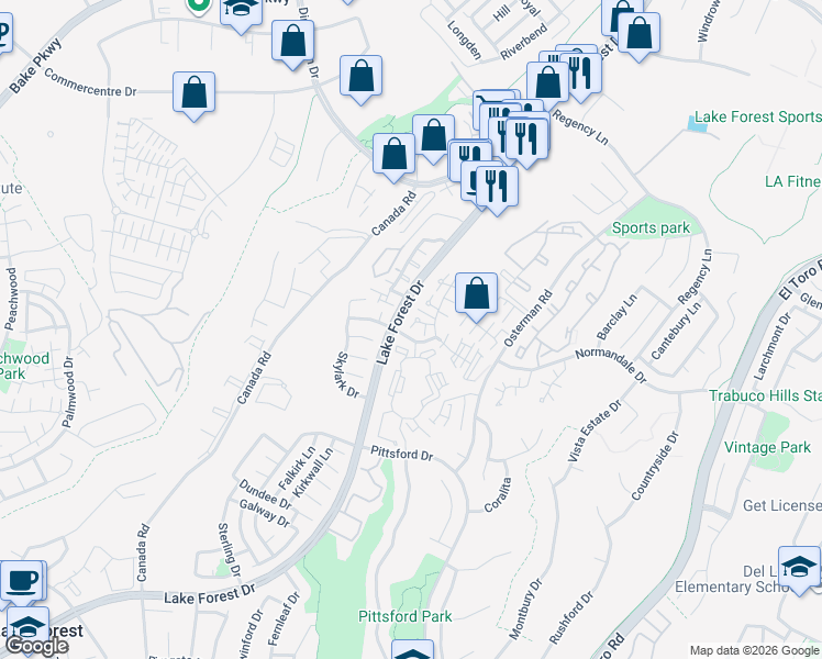 map of restaurants, bars, coffee shops, grocery stores, and more near in Lake Forest