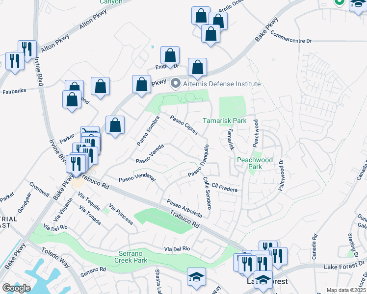 map of restaurants, bars, coffee shops, grocery stores, and more near 21042 Avenida Albercon in Lake Forest