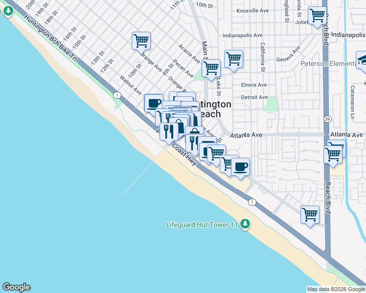 map of restaurants, bars, coffee shops, grocery stores, and more near 200 Pacific Coast Highway in Huntington Beach