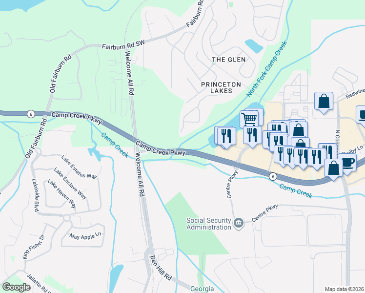 map of restaurants, bars, coffee shops, grocery stores, and more near 3900 Camp Creek Parkway in Atlanta