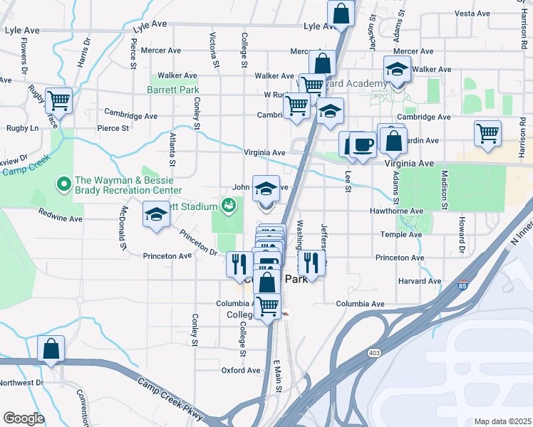 map of restaurants, bars, coffee shops, grocery stores, and more near 3605 Main Street in Atlanta