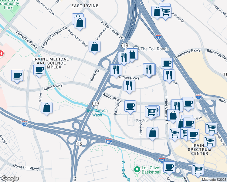 map of restaurants, bars, coffee shops, grocery stores, and more near 88 Pacifica in Irvine