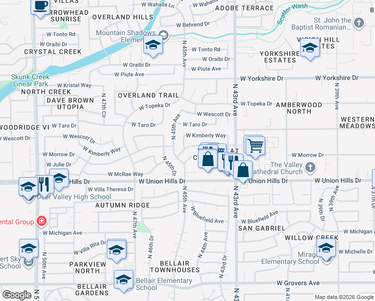map of restaurants, bars, coffee shops, grocery stores, and more near 18806 North 44th Drive in Glendale