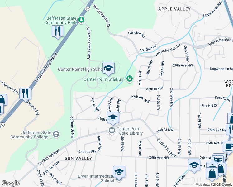 map of restaurants, bars, coffee shops, grocery stores, and more near 2701 5th Way NW in Center Point