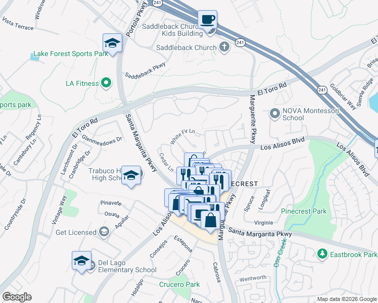 map of restaurants, bars, coffee shops, grocery stores, and more near 21075 Carob Lane in Mission Viejo