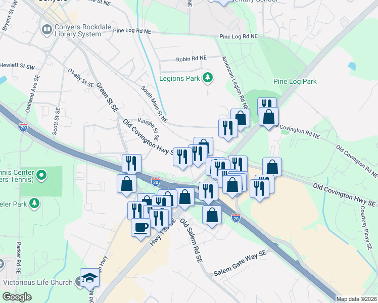map of restaurants, bars, coffee shops, grocery stores, and more near 1244 Old Covington Highway Southeast in Conyers