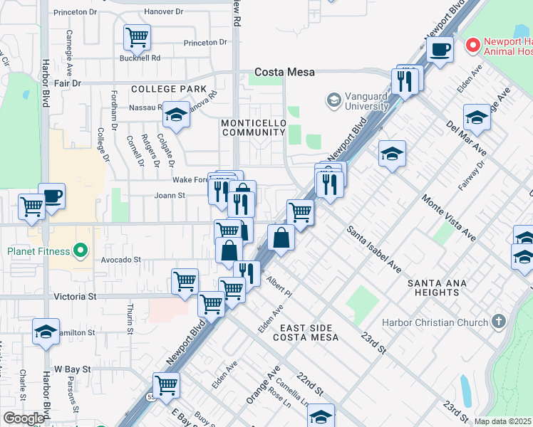 map of restaurants, bars, coffee shops, grocery stores, and more near 140 West Wilson Street in Costa Mesa