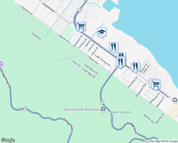 map of restaurants, bars, coffee shops, grocery stores, and more near 15680 Half Moon Drive in Lake Elsinore