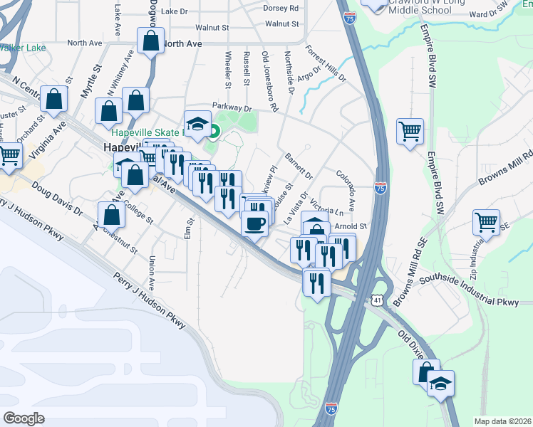 map of restaurants, bars, coffee shops, grocery stores, and more near 3469 Louise Street in Atlanta