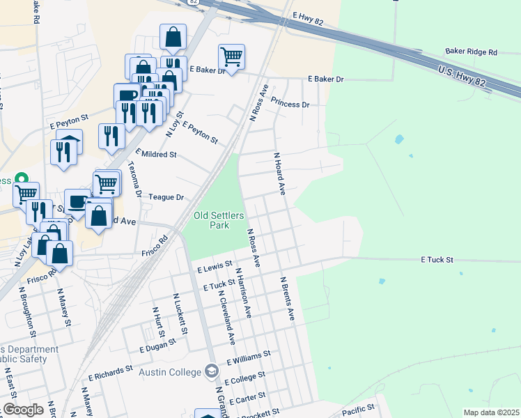 map of restaurants, bars, coffee shops, grocery stores, and more near 1712 North Brents Avenue in Sherman
