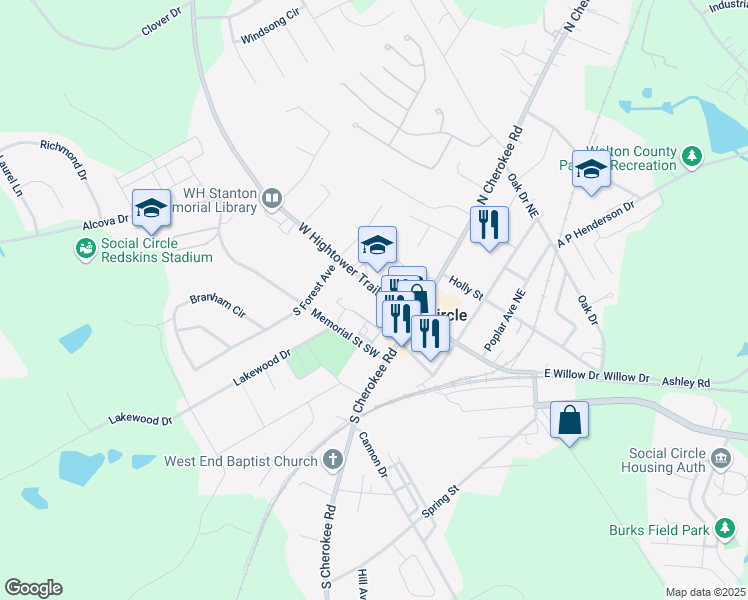 map of restaurants, bars, coffee shops, grocery stores, and more near 181 West Hightower Trail in Social Circle