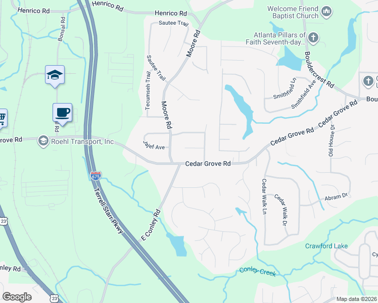 map of restaurants, bars, coffee shops, grocery stores, and more near 1795 Claron Avenue in Conley