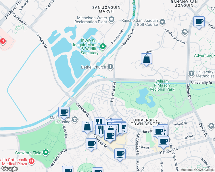 map of restaurants, bars, coffee shops, grocery stores, and more near 75 Stanford in Irvine