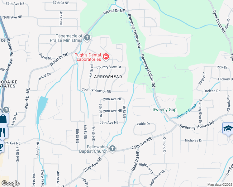 map of restaurants, bars, coffee shops, grocery stores, and more near 827 Country View Drive Northeast in Center Point