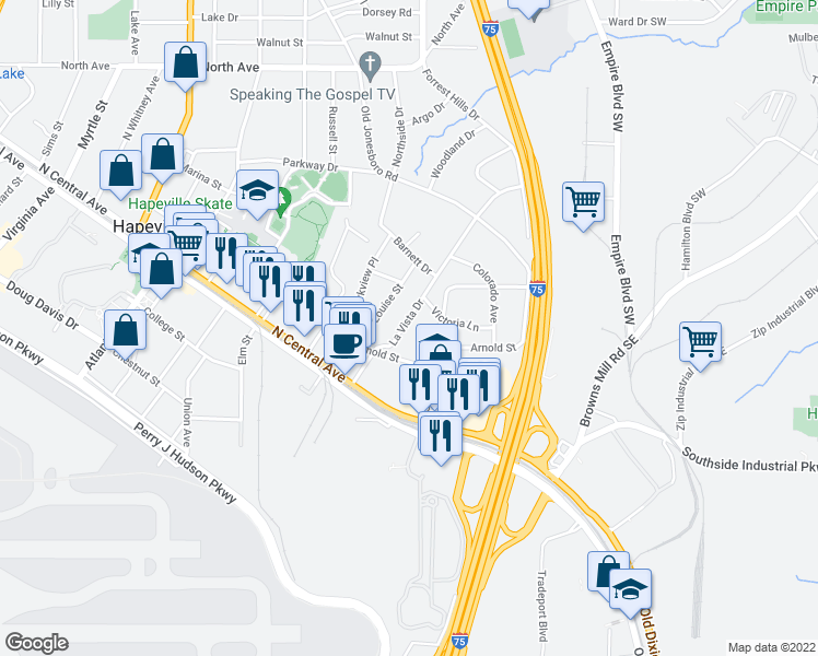 map of restaurants, bars, coffee shops, grocery stores, and more near 3378 La Vista Drive in Atlanta