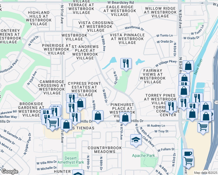 map of restaurants, bars, coffee shops, grocery stores, and more near 8743 West Kimberly Way in Peoria