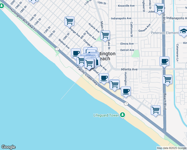 map of restaurants, bars, coffee shops, grocery stores, and more near 234 California 1 in Huntington Beach