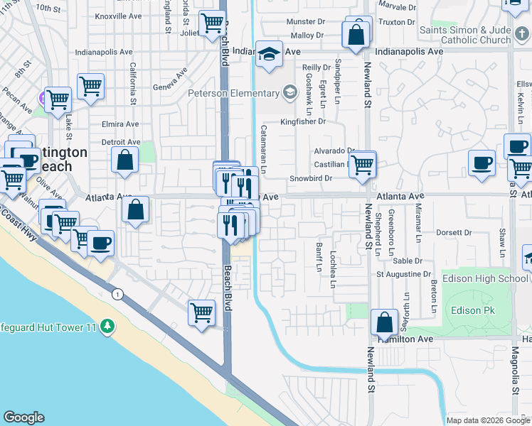 map of restaurants, bars, coffee shops, grocery stores, and more near 8155 Whitestone Drive in Huntington Beach