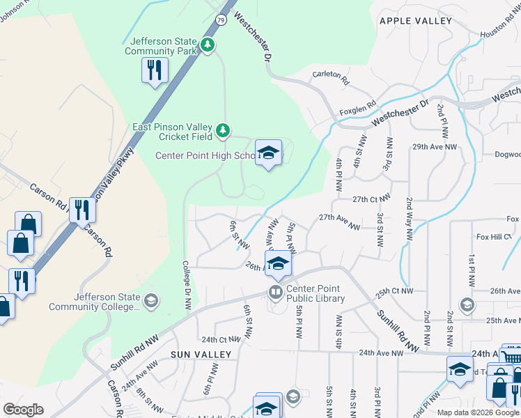 map of restaurants, bars, coffee shops, grocery stores, and more near 524 27th Avenue Northwest in Center Point