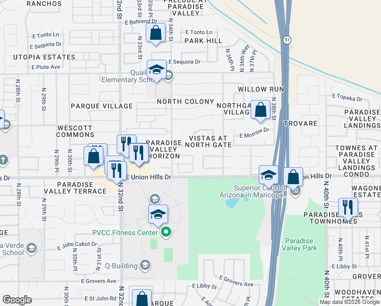 map of restaurants, bars, coffee shops, grocery stores, and more near 3431 East Rosemonte Drive in Phoenix