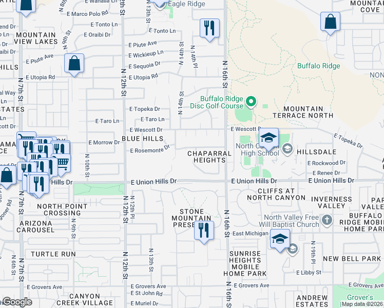map of restaurants, bars, coffee shops, grocery stores, and more near 1415 East Rosemonte Drive in Phoenix