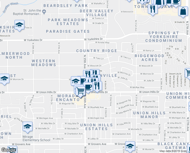 map of restaurants, bars, coffee shops, grocery stores, and more near 3401 West Morrow Drive in Phoenix