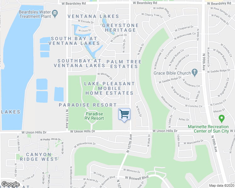 map of restaurants, bars, coffee shops, grocery stores, and more near 19052 North Mark Lane in Sun City