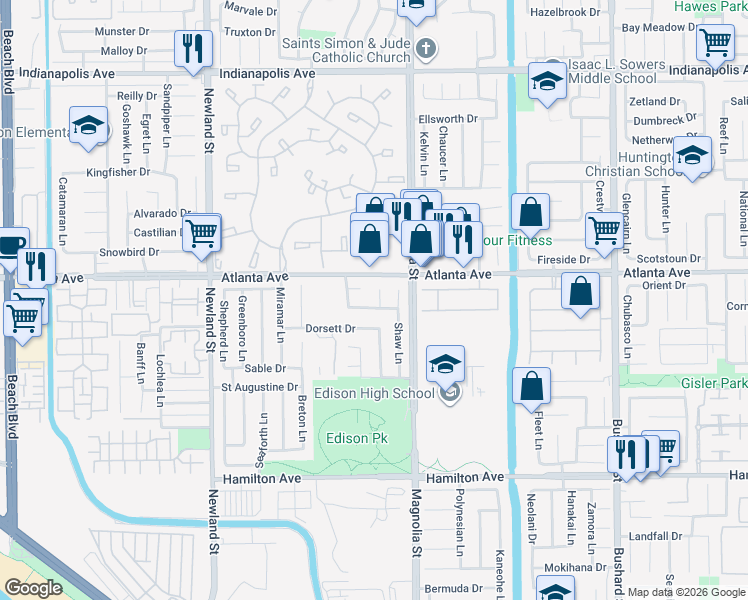 map of restaurants, bars, coffee shops, grocery stores, and more near 21041 Shaw Lane in Huntington Beach