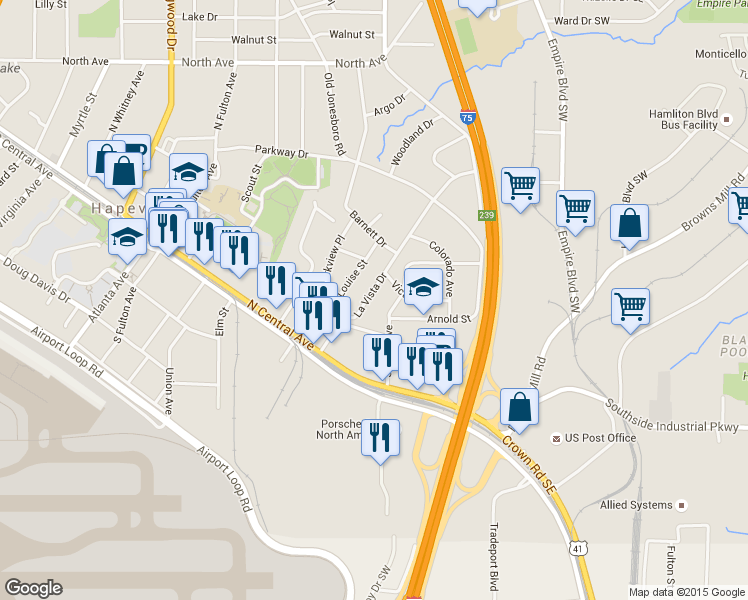 map of restaurants, bars, coffee shops, grocery stores, and more near 3378 La Vista Drive in Atlanta
