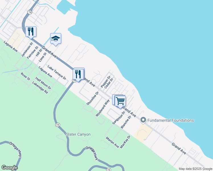 map of restaurants, bars, coffee shops, grocery stores, and more near 32941 Cedar Drive in Lake Elsinore