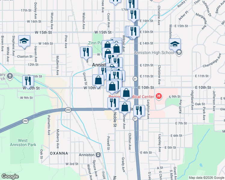map of restaurants, bars, coffee shops, grocery stores, and more near 930 Noble Street in Anniston