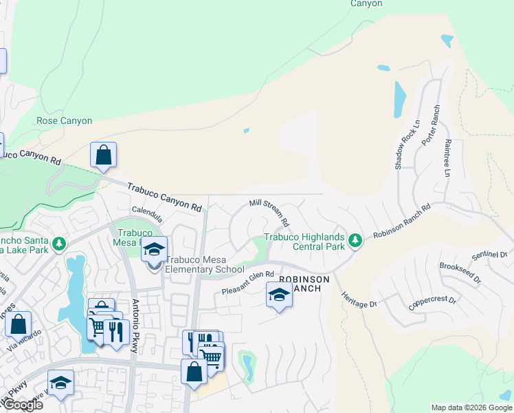 map of restaurants, bars, coffee shops, grocery stores, and more near 32016 Mill Stream Road in Trabuco Canyon
