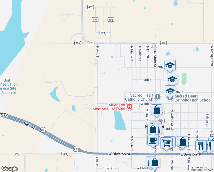 map of restaurants, bars, coffee shops, grocery stores, and more near 2619 North Ash Street in Muenster