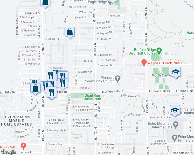 map of restaurants, bars, coffee shops, grocery stores, and more near 1203 East Rosemonte Drive in Phoenix